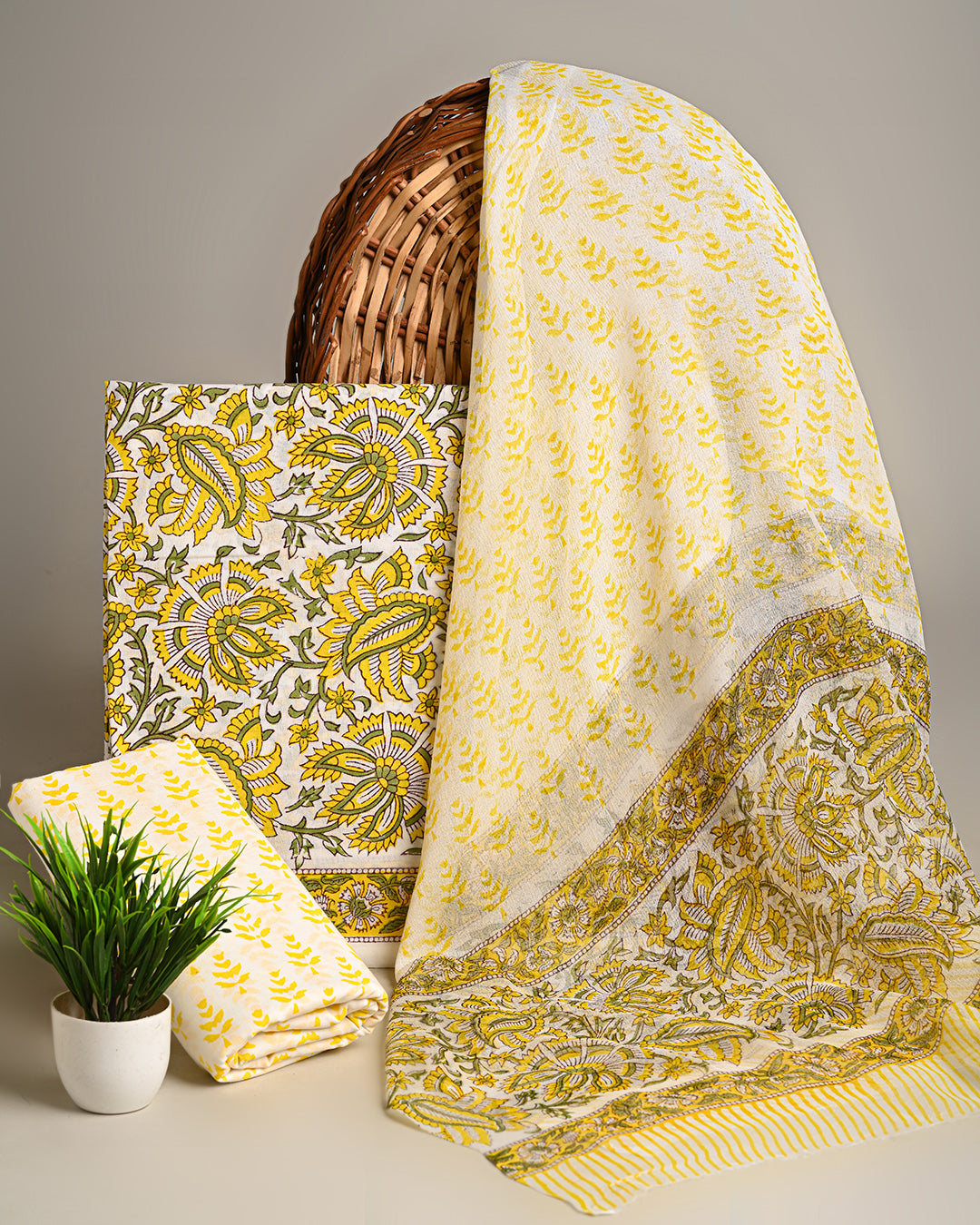 Premium Yellow Hand Block Sanganeri Print Cotton Suit With Chiffon Dupatta (BSCOTCH16)