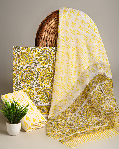 Premium Yellow Hand Block Sanganeri Print Cotton Suit With Chiffon Dupatta (BSCOTCH16)
