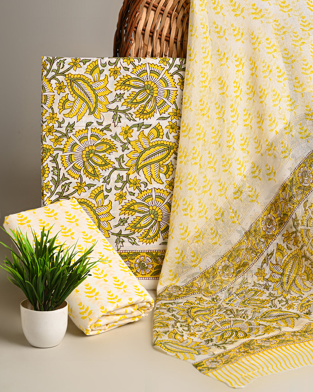 Premium Yellow Hand Block Sanganeri Print Cotton Suit With Chiffon Dupatta (BSCOTCH16)