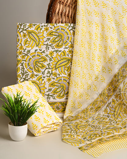 Premium Yellow Hand Block Sanganeri Print Cotton Suit With Chiffon Dupatta (BSCOTCH16)