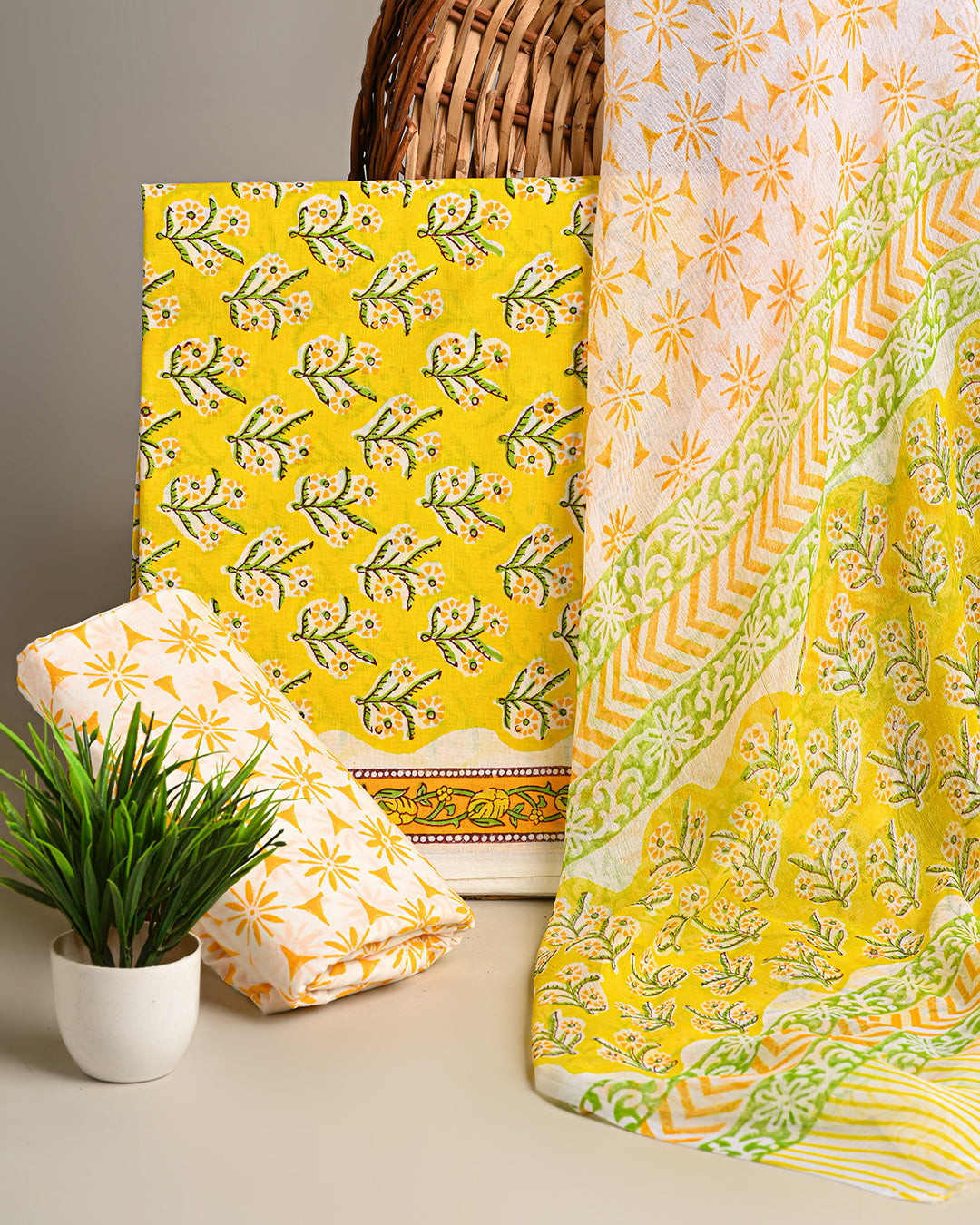 Premium Yellow Hand Block Sanganeri Print Cotton Suit With Chiffon Dupatta BSCOTCH27