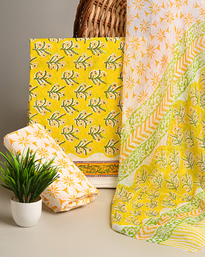 Premium Yellow Hand Block Sanganeri Print Cotton Suit With Chiffon Dupatta BSCOTCH27