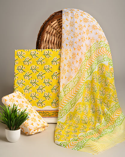 Premium Yellow Hand Block Sanganeri Print Cotton Suit With Chiffon Dupatta BSCOTCH27