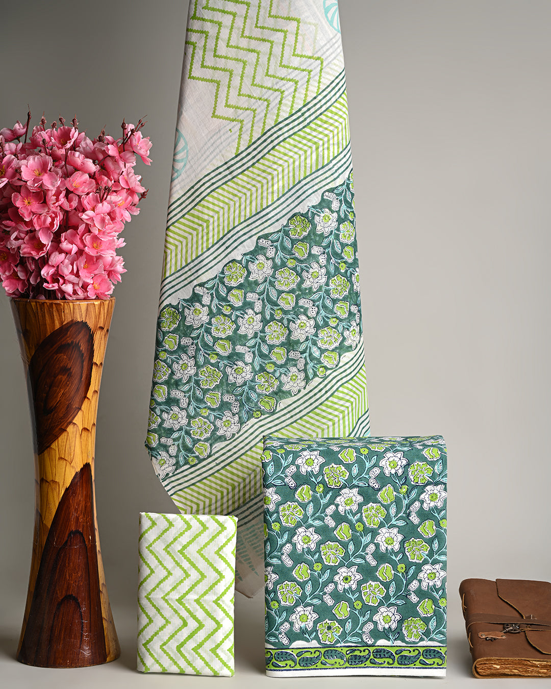Premium Green Hand Block Printed Cotton Suit With Cotton Dupatta (BSCOTMU01)