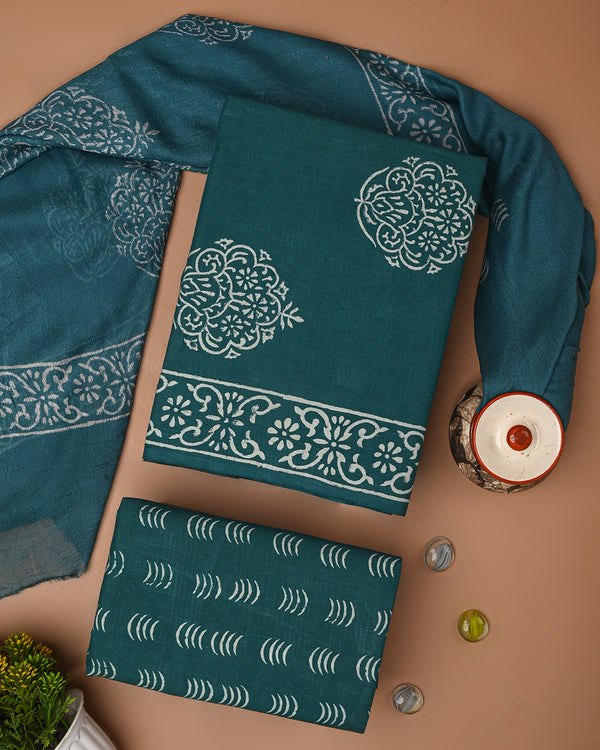 Traditional Green Hand Painted Cotton Sets With Chiffon Dupatt CFCOTCH41