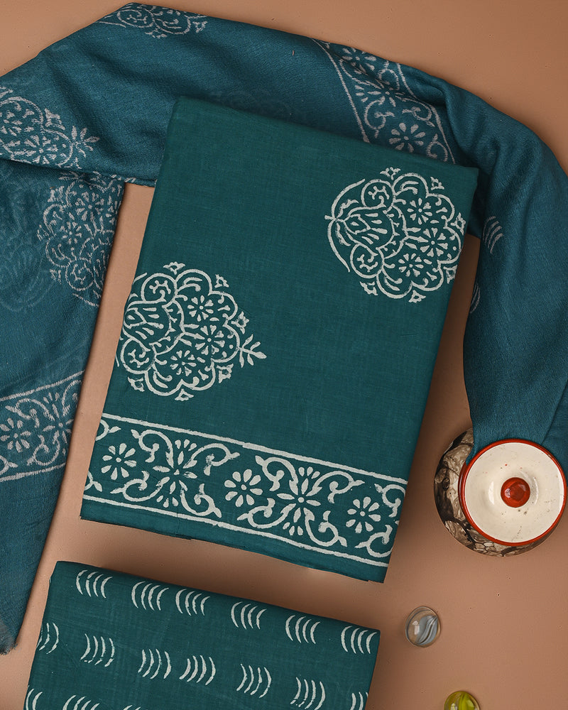 Traditional Green Hand Painted Cotton Sets With Chiffon Dupatt CFCOTCH41