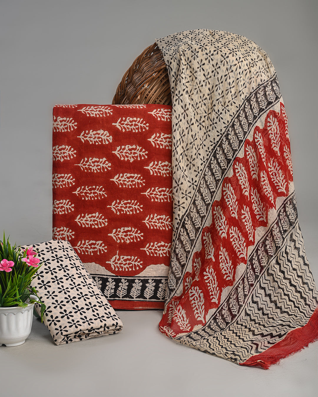 Traditional Hand Block Printed Cotton Suit With Chiffon Dupatta (BSCOTCH03)