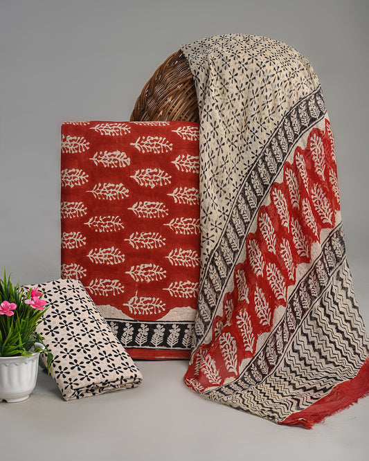 Traditional Hand Block Printed Cotton Suit With Chiffon Dupatta (BSCOTCH03)