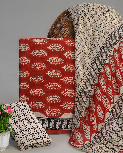 Traditional Hand Block Printed Cotton Suit With Chiffon Dupatta (BSCOTCH03)