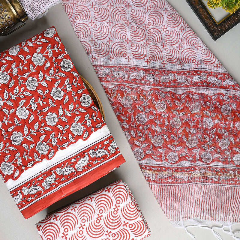 Exclusive  Red Hand Block Print Cotton Suit With Kota Dupatta CFCOTKO26