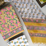 Exclusive Yellow and White Hand Block Print Cotton Suit With Kota Dupatta CFCOTKO50