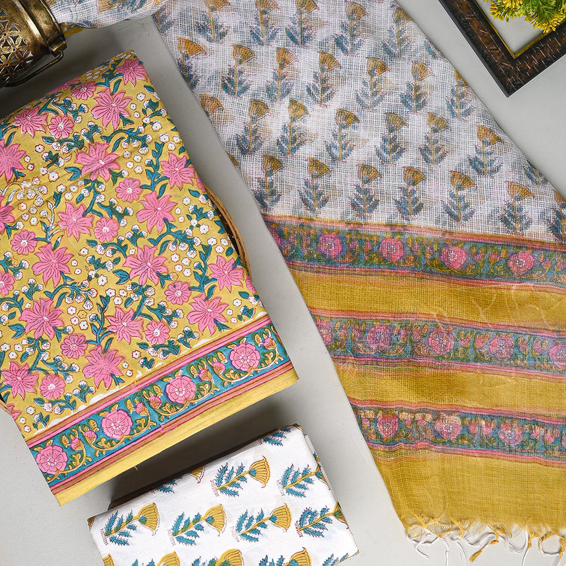 Exclusive Yellow and White Hand Block Print Cotton Suit With Kota Dupatta CFCOTKO50