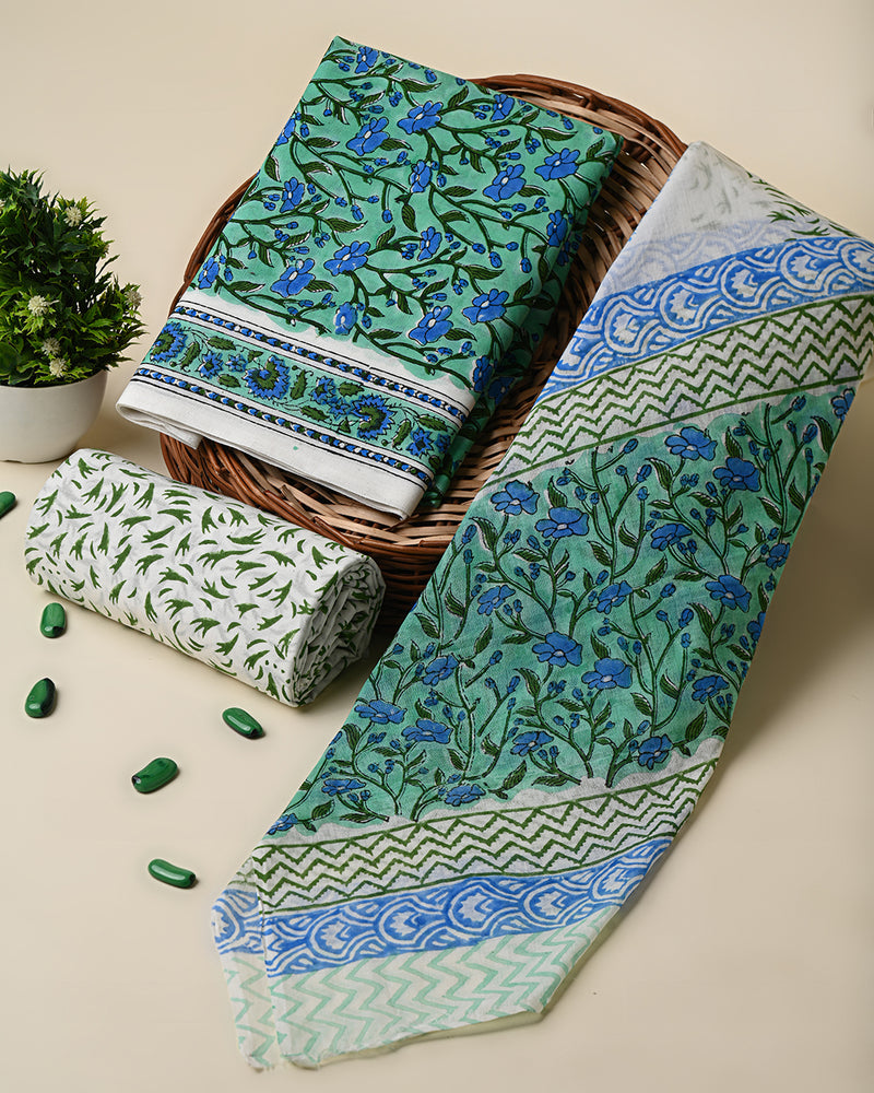 New  Green and blue Floral Hand Block Print Cotton Suit Sets With Cotton Dupatta  CFCOTMU29