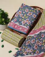 Blue and Pink Floral Hand Block Print Cotton Suit Sets With Cotton Dupatta  CFCOTMU54