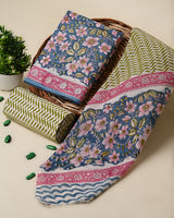 Blue and Pink Floral Hand Block Print Cotton Suit Sets With Cotton Dupatta  CFCOTMU54