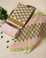 White and  Green Floral Hand Block Print Cotton Suit Sets With Cotton Dupatta  CFCOTMU55