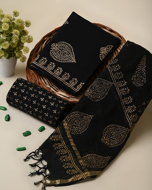 Premium Black Hand Block Elegant Gold Print Cotton Suit With Kota Dupatta (BSCOTKO08)
