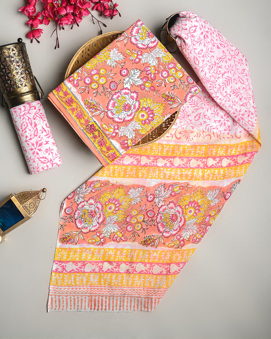 Graceful Orange Sanganeri Hand Block Print Cotton Suit Sets With Cotton Dupatta  CFCOTMU21