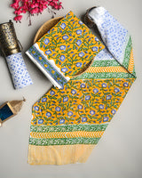 New Yellow and Blue Floral Sanganeri Hand Block Print Cotton Suit Sets With Cotton Dupatta CFCOTMU77