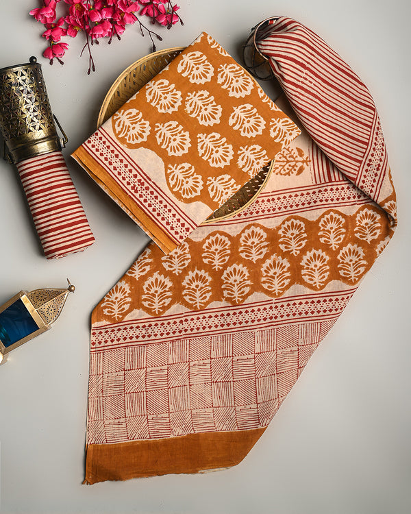 Orange Floral Print Cotton Suit Sets With Cotton Dupatta CFCOTMU26