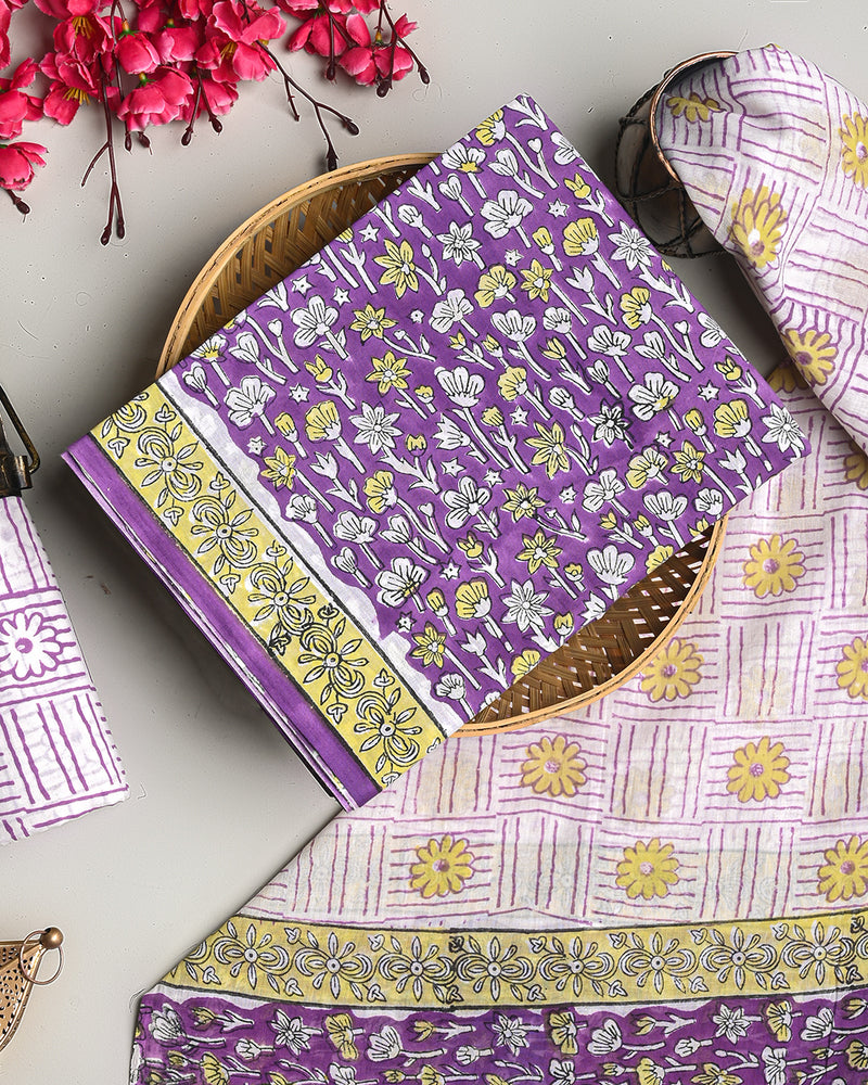 Exclusive Purple Floral Sanganeri Hand Block Print Cotton Suit Sets With Cotton Dupatta CFCOTMU24