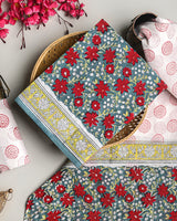 Blue and Red Floral Sanganeri Hand Block Print Cotton Suit Sets With Cotton Dupatta CFCOTMU62