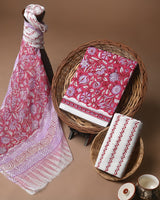 New Pink Sanganeri Rapid Printed Cotton Suit With Chiffon Dupatta CFCOTCH33