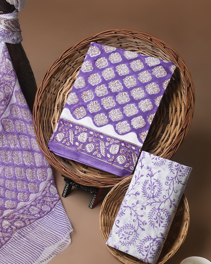 New Purple Sanganeri Printed Cotton Suit With Chiffon Dupatta CFCOTCH31