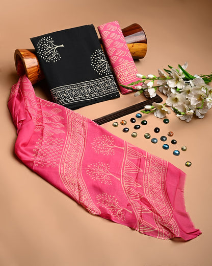 New Black And Pink Soft Cotton Suit With Chiffon Dupatta (BSCOTCH04)