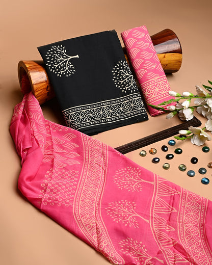 New Black And Pink Soft Cotton Suit With Chiffon Dupatta (BSCOTCH04)