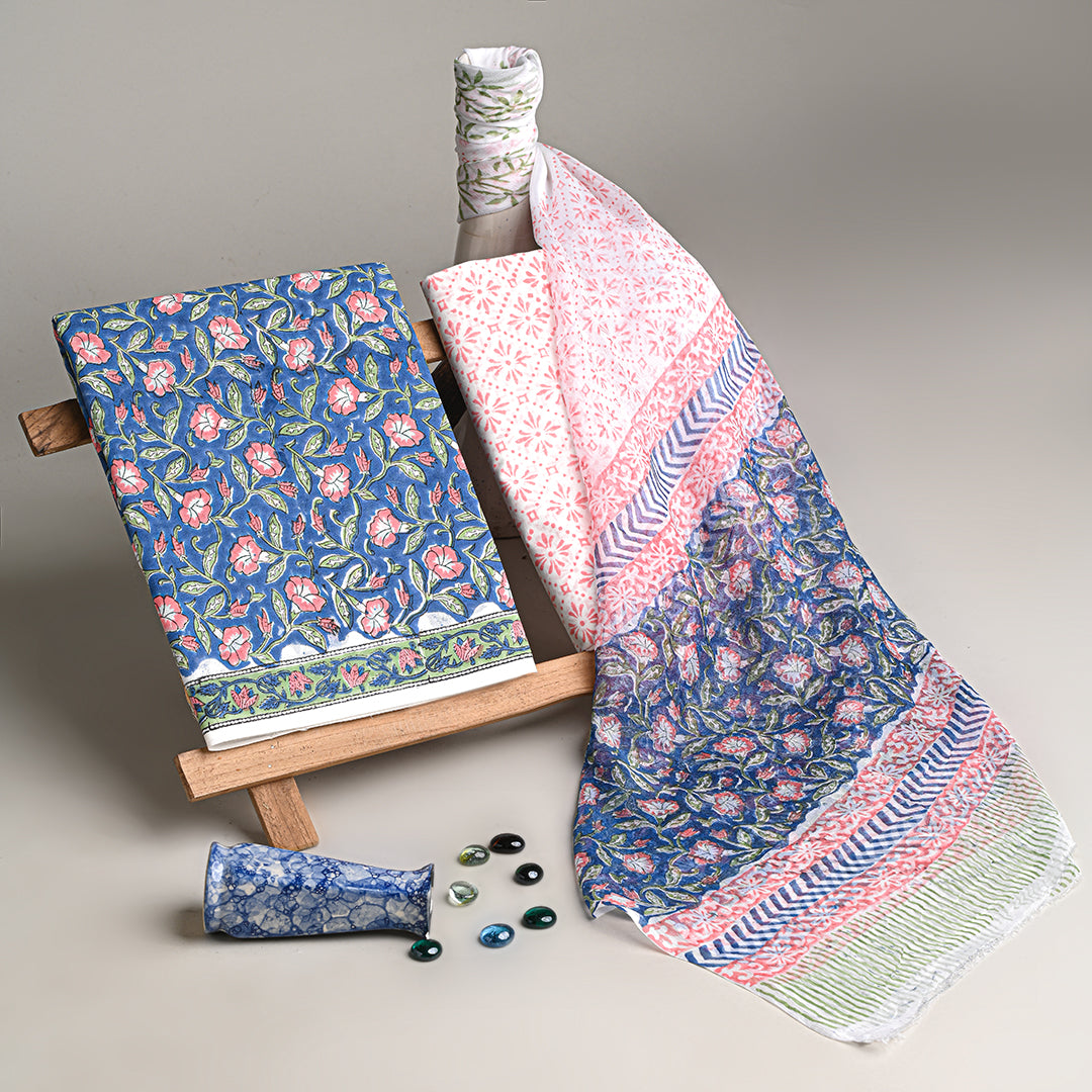 Premium Blue With Pink Floral Sanganeri Print Cotton Suit With Chiffon Dupatta (BSCOTCH01)