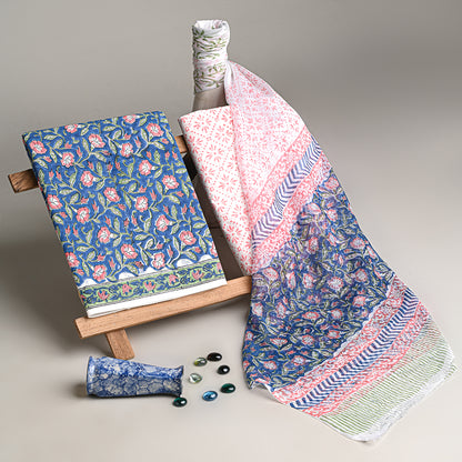 Premium Blue With Pink Floral Sanganeri Print Cotton Suit With Chiffon Dupatta (BSCOTCH01)