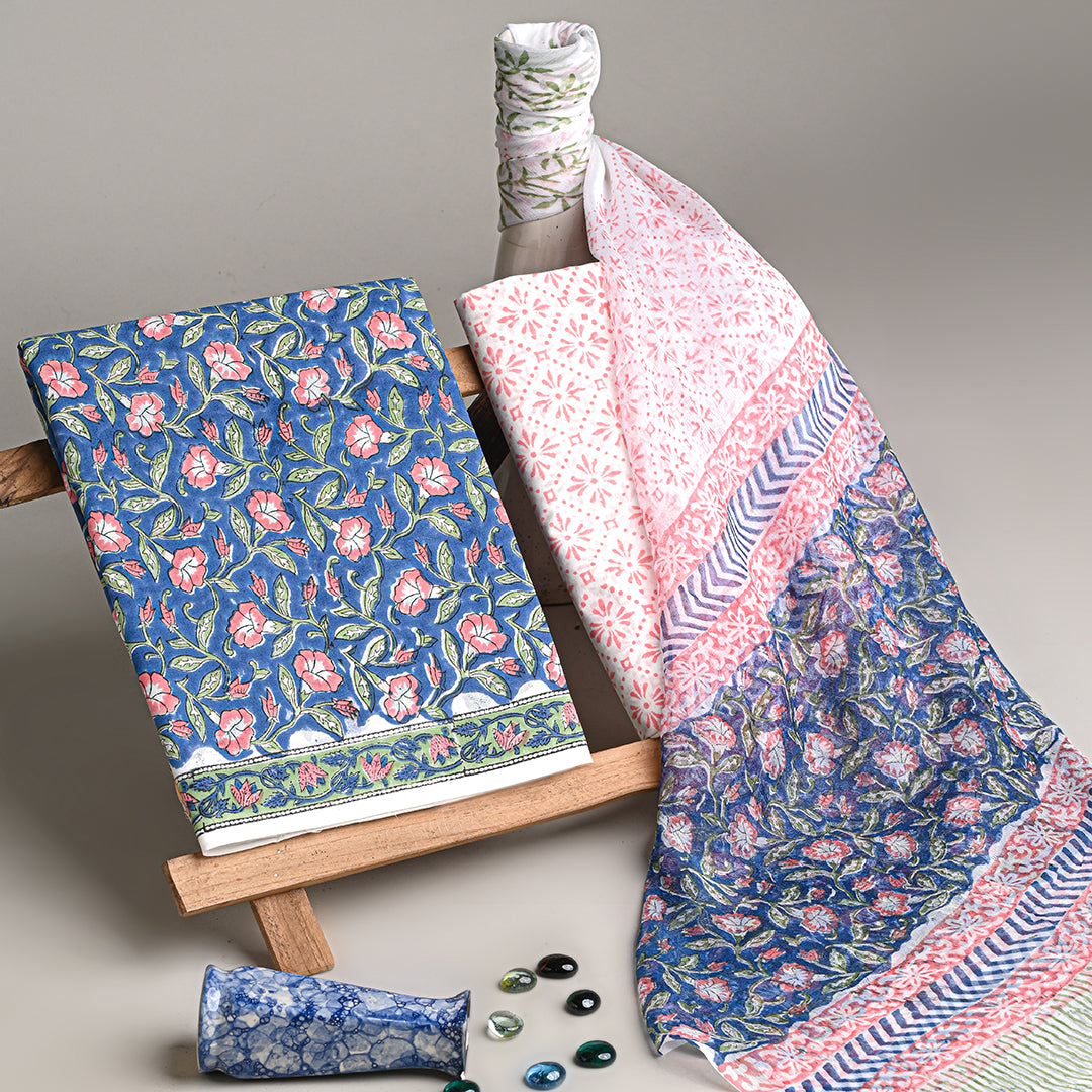 Premium Blue With Pink Floral Sanganeri Print Cotton Suit With Chiffon Dupatta (BSCOTCH01)