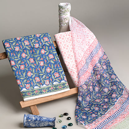 Premium Blue With Pink Floral Sanganeri Print Cotton Suit With Chiffon Dupatta (BSCOTCH01)