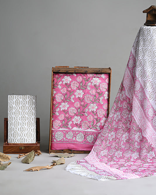 Premium Pink With White Floral Sanganeri Print Cotton Suit With Chiffon Dupatta (BSCOTCH31)