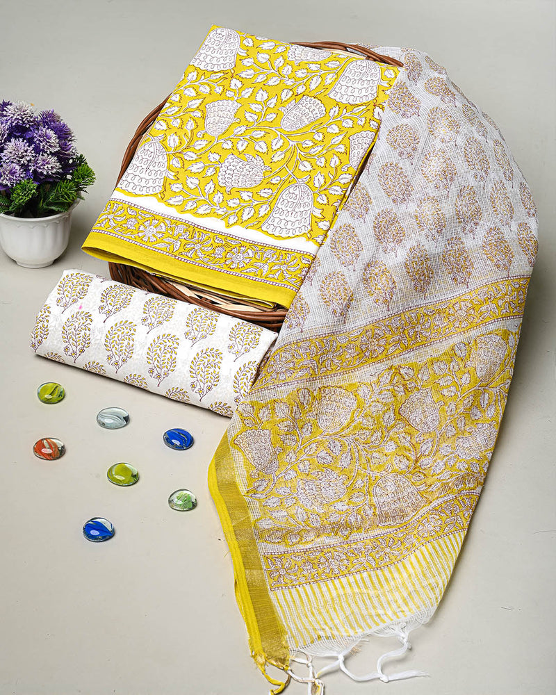 New Yellow and White Exclusive Hand Painted  Cotton Suit With Kota Doria Dupatta CFCOTKO56