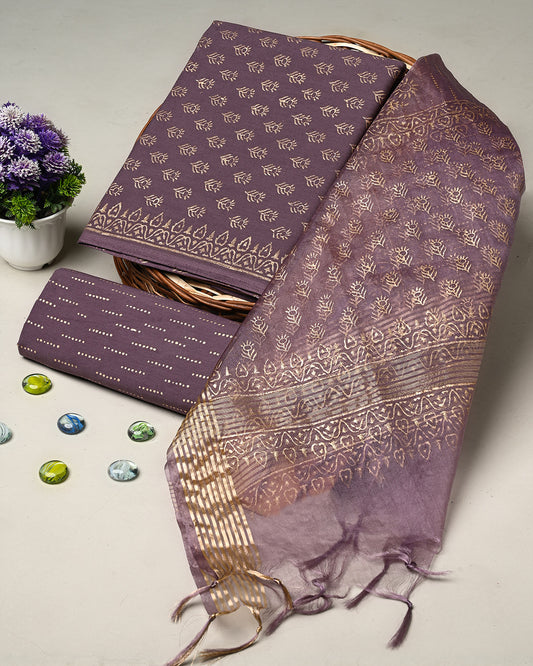 Title New  Brownish Hand Block Printed Cotton Suit With Organza Dupatta BSCOD31