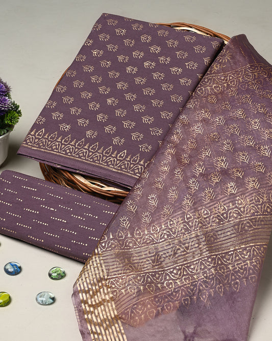 Title New  Brownish Hand Block Printed Cotton Suit With Organza Dupatta BSCOD31