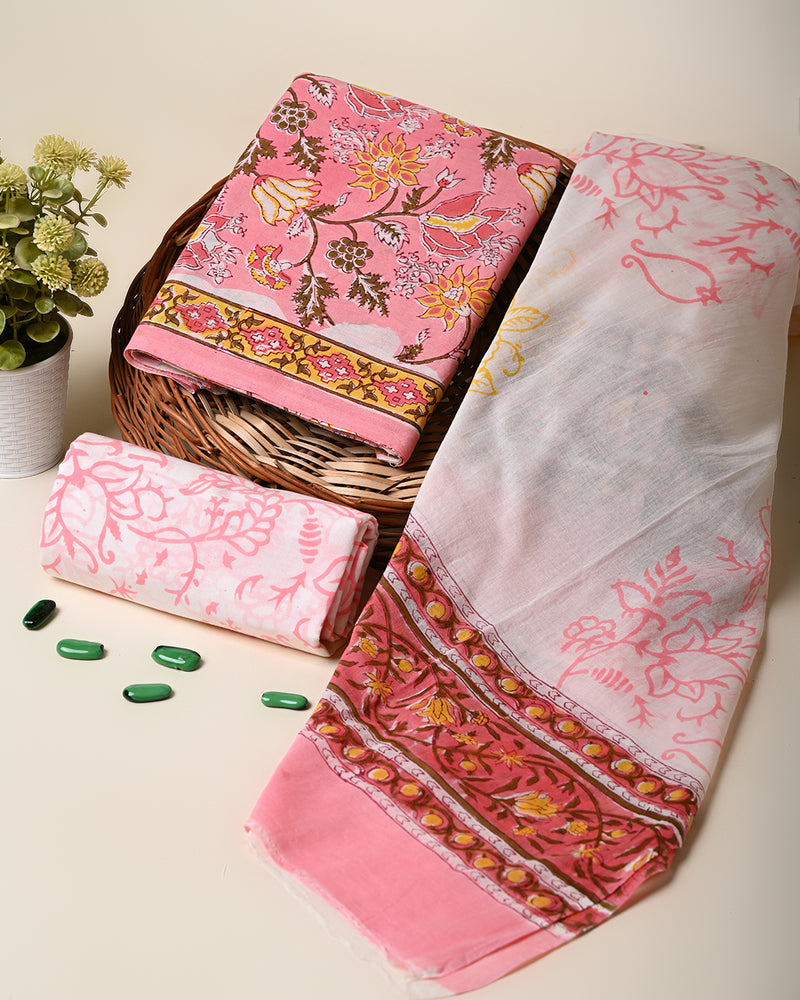 Pink  Sanganeri Hand Block Print Cotton Suit Sets With Cotton Dupatta CFCOTMU34