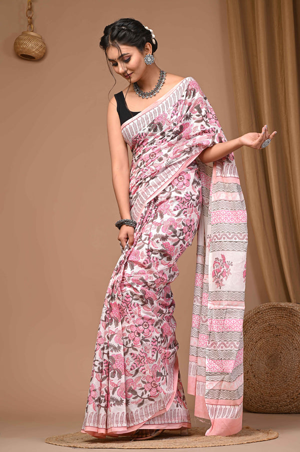 Exclusive Pink And White  Hand Block Printed Cotton Saree CFCS08