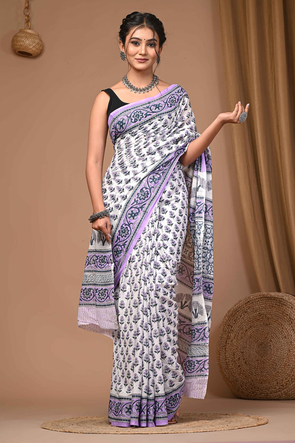 Exclusive Purple And White  Hand Block Printed Cotton Saree CFCS07