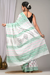 Premium Green and White Hand Block Printed Cotton Saree CFCS09