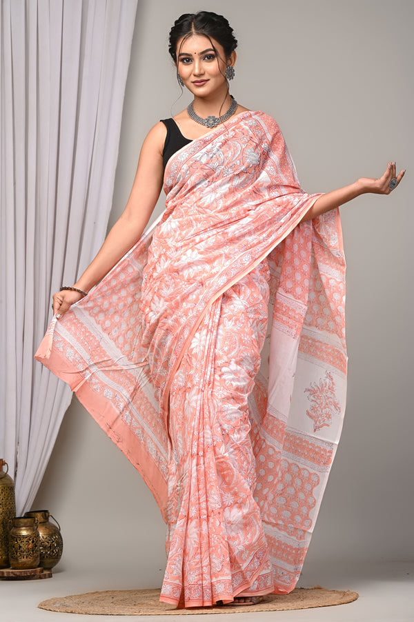 Exclusive Peach And White  Hand Block Printed Cotton Saree CFCS11