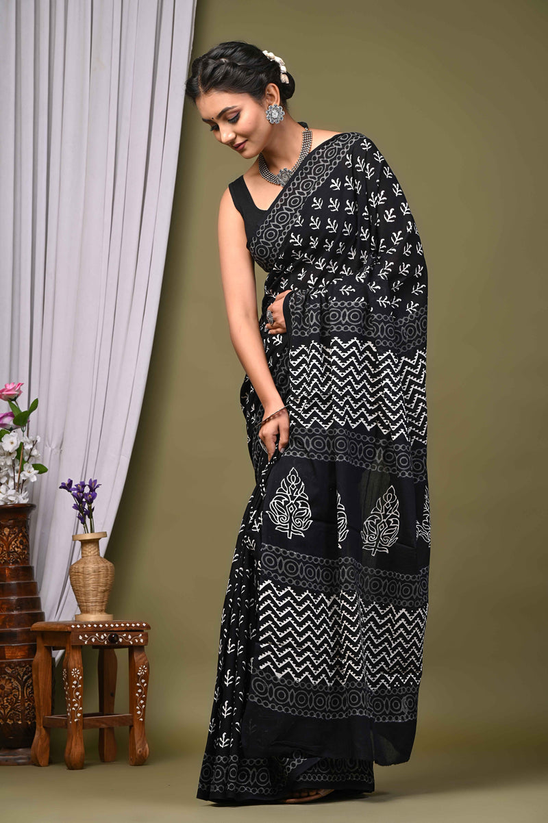 Exclusive Black And White  Hand Block Printed Cotton Saree CFCS15