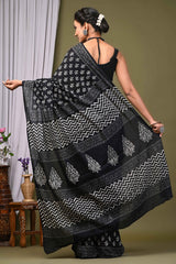 Exclusive Black And White  Hand Block Printed Cotton Saree CFCS15