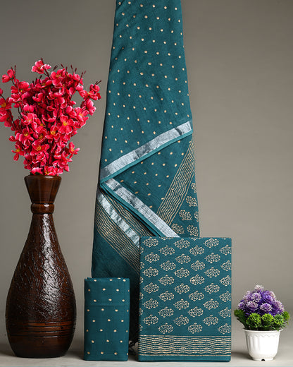 Premium Hand Block Printed Cotton Suit With Linen Dupatta BSLID34