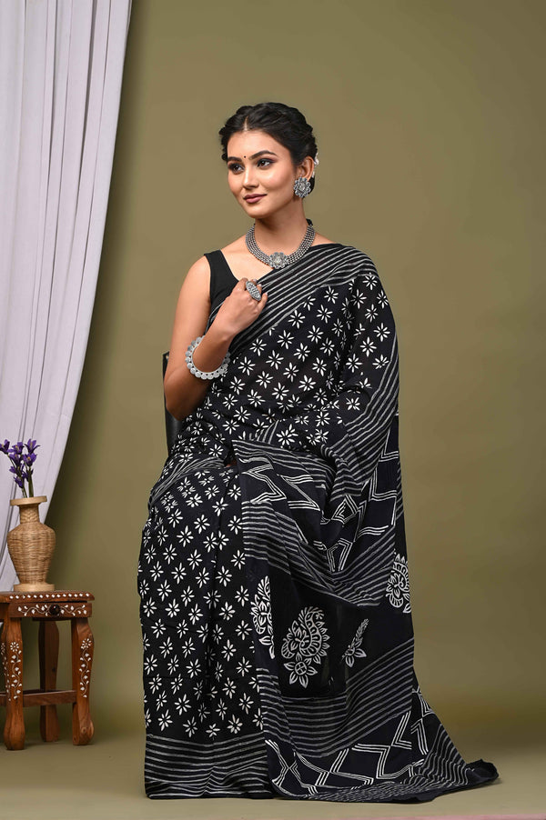 Exclusive Black and White Hand Block Printed Cotton Saree CFCS16