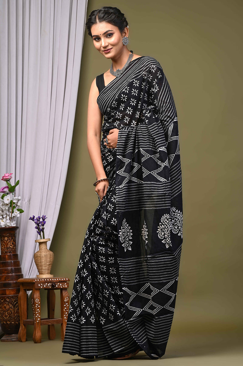 Exclusive Black and White Hand Block Printed Cotton Saree CFCS16