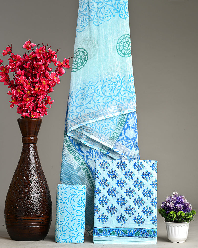 Premium Blue Sanganeri Printed Cotton Suit With Lilen Dupatta CFLID17