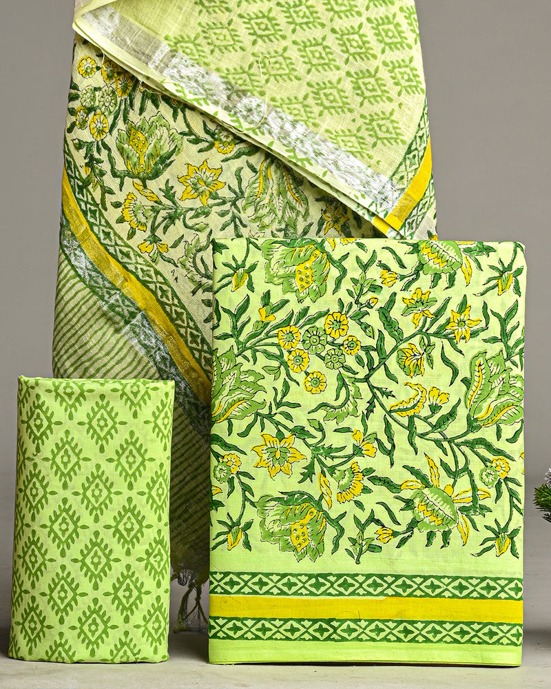 Premium Green  Sanganeri Printed Cotton Suit With Lilen Dupatta CFLID03